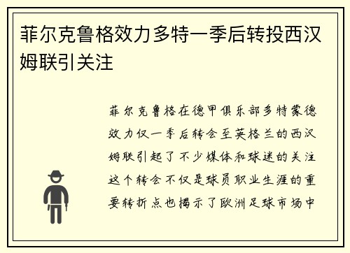 菲尔克鲁格效力多特一季后转投西汉姆联引关注
