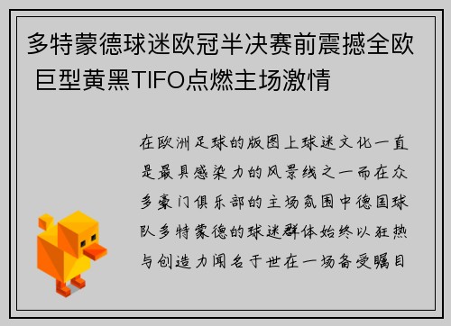 多特蒙德球迷欧冠半决赛前震撼全欧 巨型黄黑TIFO点燃主场激情